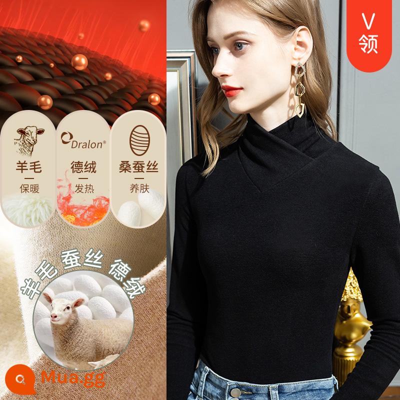 Áo sơ mi nữ cổ cao có đáy bằng lụa cashmere nhung Đức mùa thu đông 2022 cổ cao lớp bên trong cộng nhung dày sưởi ấm màu đen - Áo đen/cổ chữ V [Nhung Zhende+lụa+cashmere]