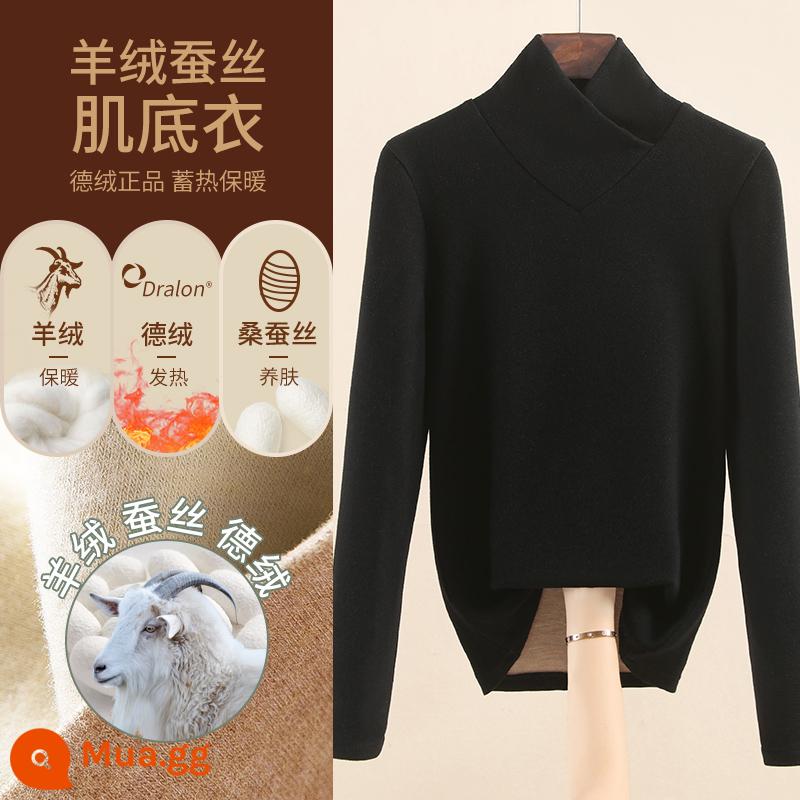 Áo sơ mi nữ đáy nhung lụa cashmere Đức 2022 kiểu mới cộng nhung dày ấm thu đông phong cách nước ngoài - Đen/Cổ chữ V