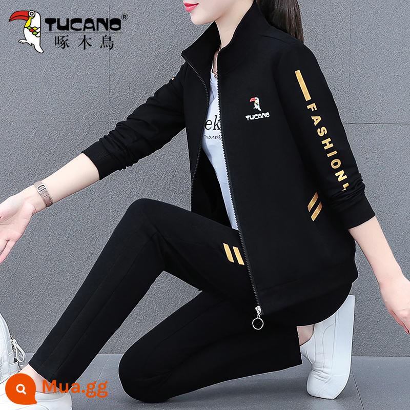 Chim Gõ Kiến Áo Thể Thao Bộ Đồ Nữ Xuân Thu 2023 Mới Thu Mẹ Trung Niên Áo Khoác Cardigan 3 Bộ - 2308 màu đen