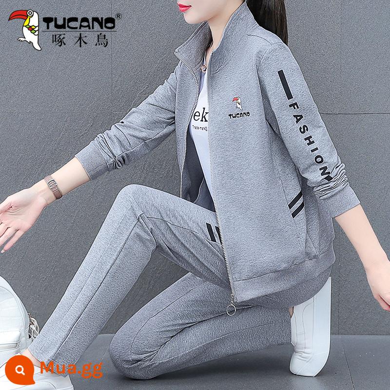 Chim Gõ Kiến Áo Thể Thao Bộ Đồ Nữ Xuân Thu 2023 Mới Thu Mẹ Trung Niên Áo Khoác Cardigan 3 Bộ - 2308 màu xám