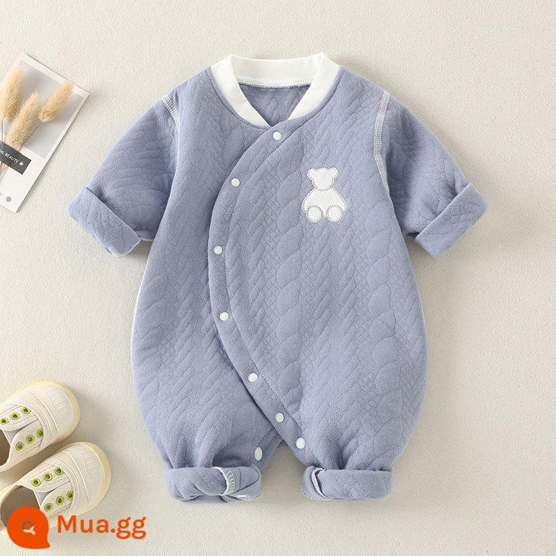 Ấm áp cho bé onesie bông nguyên chất không xương mùa thu đông nam nữ chần bông áo liền quần dày sơ sinh quần áo mùa đông - xanh đậm