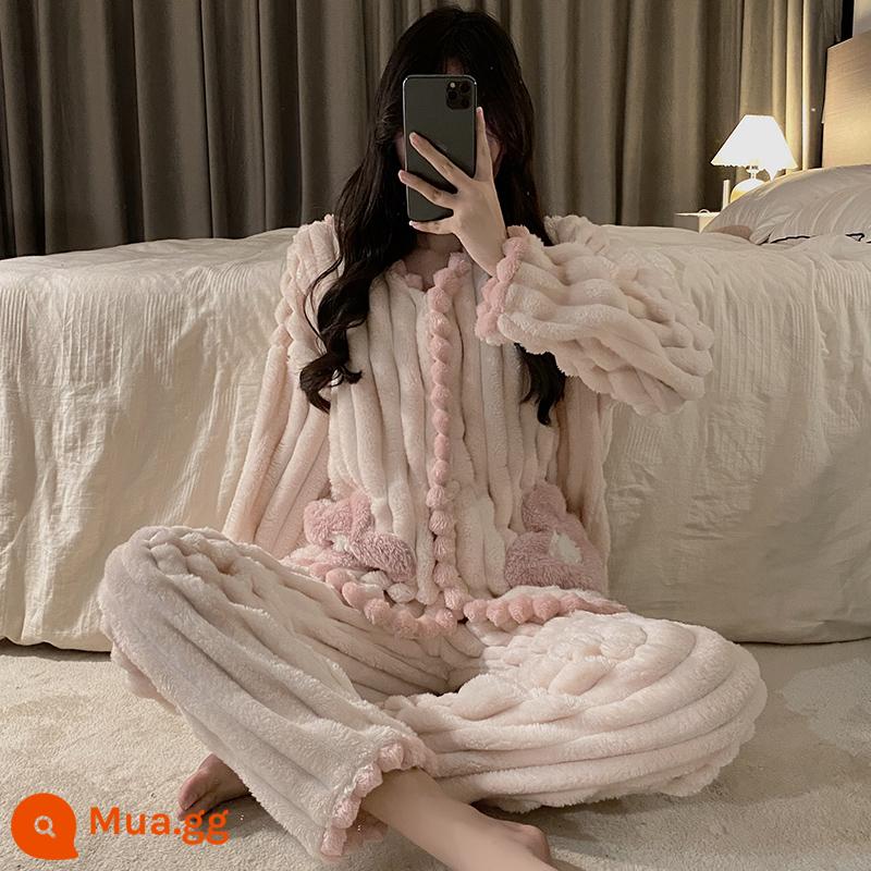 Bộ Đồ Ngủ Mùa Đông Nữ Dịch Vụ Tại Nhà Nỉ San Hô Cardigan Dày Thu Đông Dễ Thương 2 Bộ Đồ Chó Con - NYE#960#Celvet Hoa-Mơ