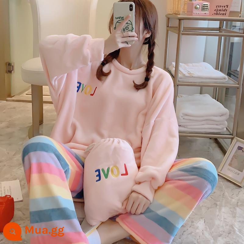 Bộ Đồ Ngủ Mùa Đông Nữ Dịch Vụ Tại Nhà Nỉ San Hô Cardigan Dày Thu Đông Dễ Thương 2 Bộ Đồ Chó Con - LQE#3027#Hướng Dương[Hồng]