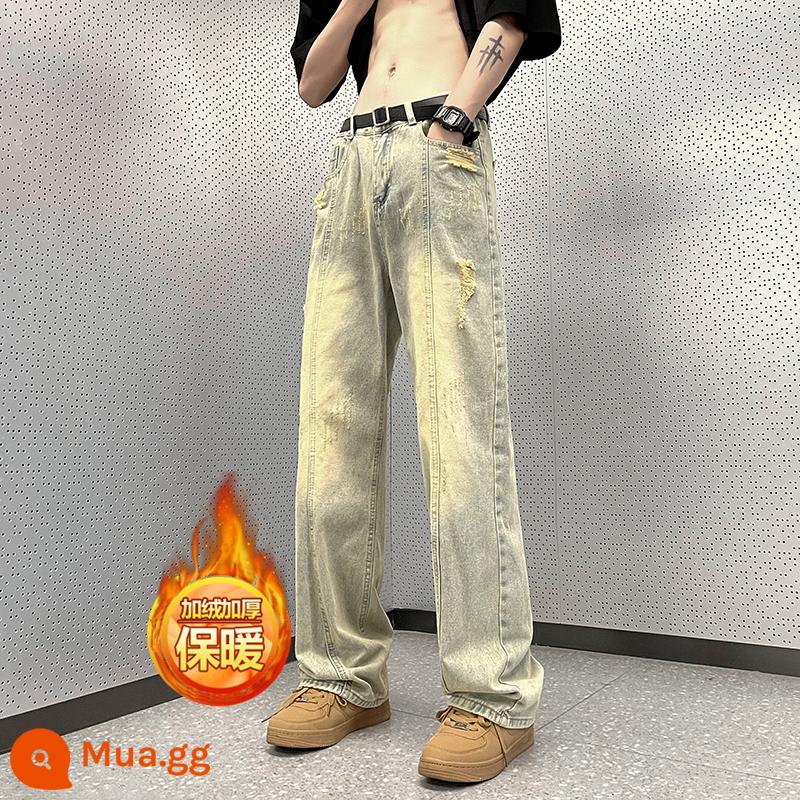 Quần jeans đen rách nam thương hiệu thời trang mùa thu quần ống rộng dáng rộng và đa năng Vibe quần ống rộng rách đường phố cao - Màu bùn vàng [cộng với nhung]