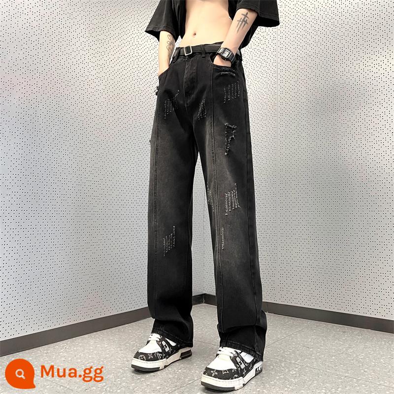 Quần jeans đen rách nam thương hiệu thời trang mùa thu quần ống rộng dáng rộng và đa năng Vibe quần ống rộng rách đường phố cao - đen