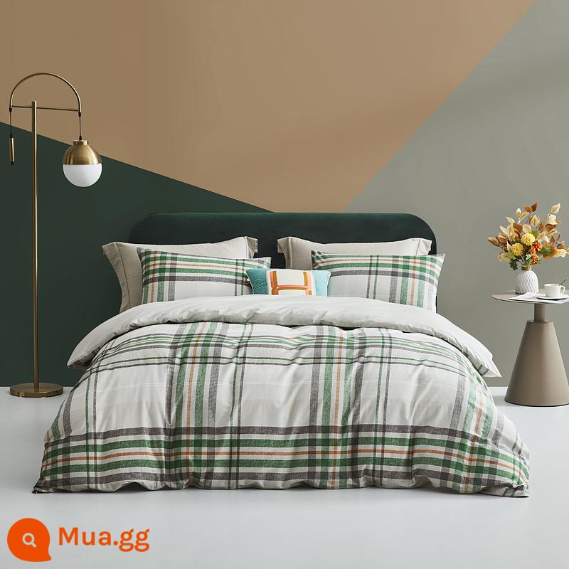 Mengjie bộ ba hoặc bốn món cotton nguyên chất cotton hộ gia đình bộ đơn ký túc xá mùa thu và mùa đông khăn trải giường chăn ga gối - Bộ in cotton nguyên chất: Simo (xanh)