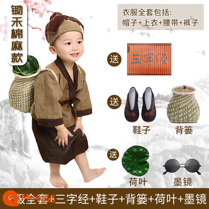 Trẻ Em Hanfu Bé Trai Nhà Sư Nhỏ Quần Áo Bé Ảnh Bé Trang Phục Sách Cậu Bé Chăn Cừu Shop Nhỏ Hai Hiệu Suất Quần Áo - Kiểu cuốc vải lanh + giỏ tre + giày, kinh ba chữ miễn phí + kính râm + lá sen