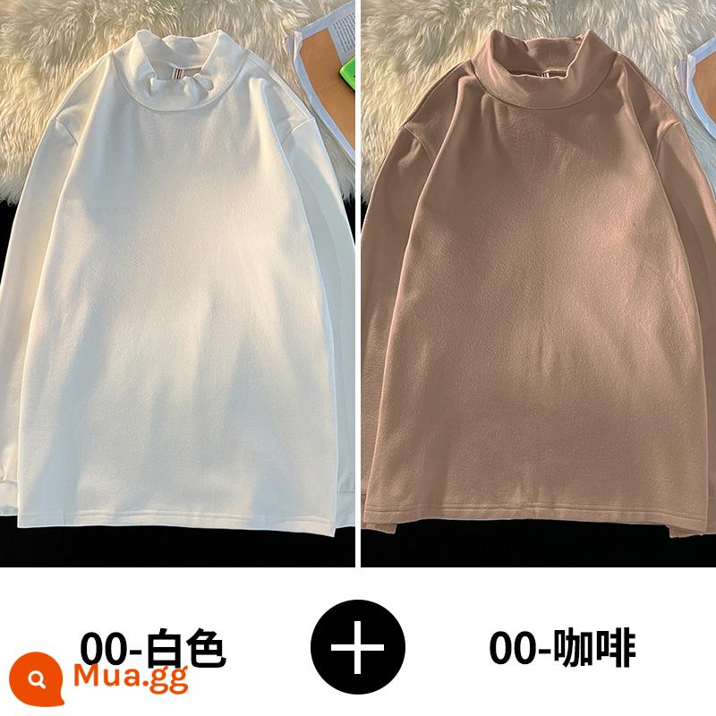 Demo semi -High -Necked dài -sleeved t -shirt nam quần áo mùa thu ấm áp và nhung dày mùa thu và mùa đông, mặc quần áo và áo sơ mi dưới - 00-Trắng+00-Cà phê