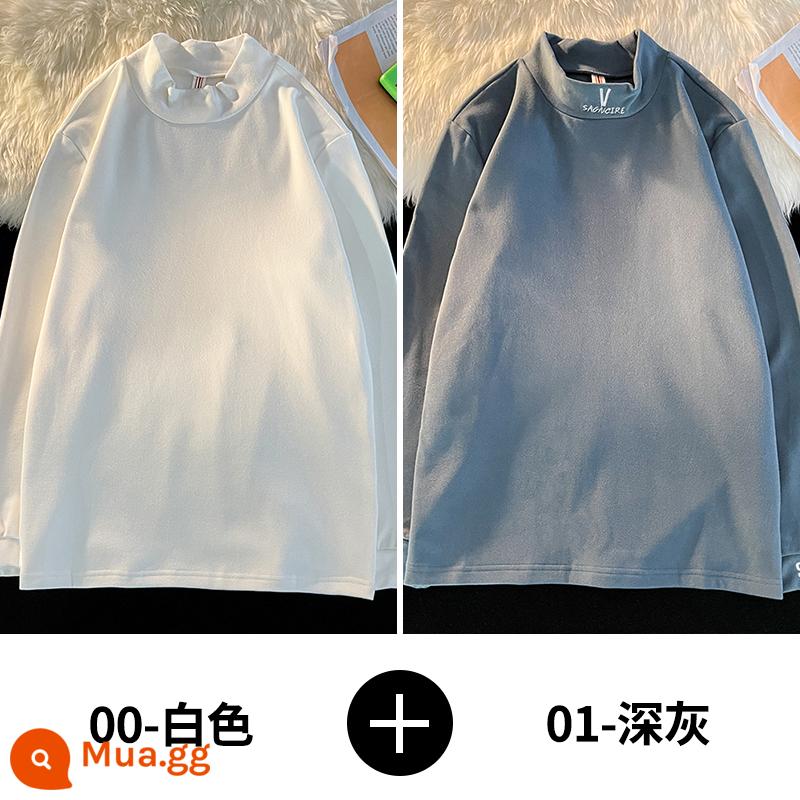 Demo semi -High -Necked dài -sleeved t -shirt nam quần áo mùa thu ấm áp và nhung dày mùa thu và mùa đông, mặc quần áo và áo sơ mi dưới - 00-trắng+01-xám đậm