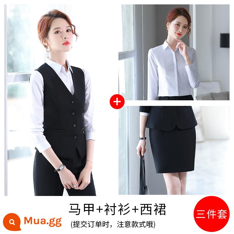 Bộ vest chuyên nghiệp dành cho nữ, trang phục công sở, khí chất, bộ vest đen xuân thu của sinh viên đại học, áo khoác, cỡ lớn của nữ - Áo vest + áo sơ mi + váy đen