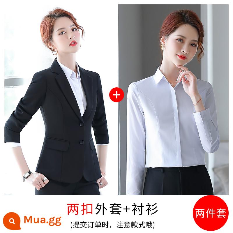 Bộ vest chuyên nghiệp dành cho nữ, trang phục công sở, khí chất, bộ vest đen xuân thu của sinh viên đại học, áo khoác, cỡ lớn của nữ - Áo khoác đen + áo sơ mi hai nút màu đen