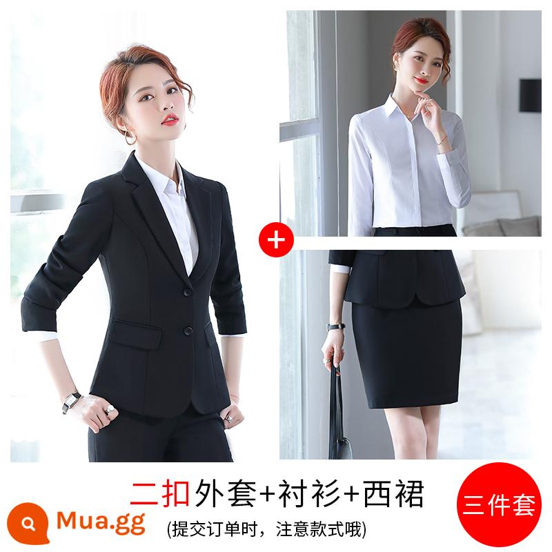 Bộ vest chuyên nghiệp dành cho nữ, trang phục công sở, khí chất, bộ vest đen xuân thu của sinh viên đại học, áo khoác, cỡ lớn của nữ - Áo khoác đen + áo sơ mi + váy hai nút màu đen