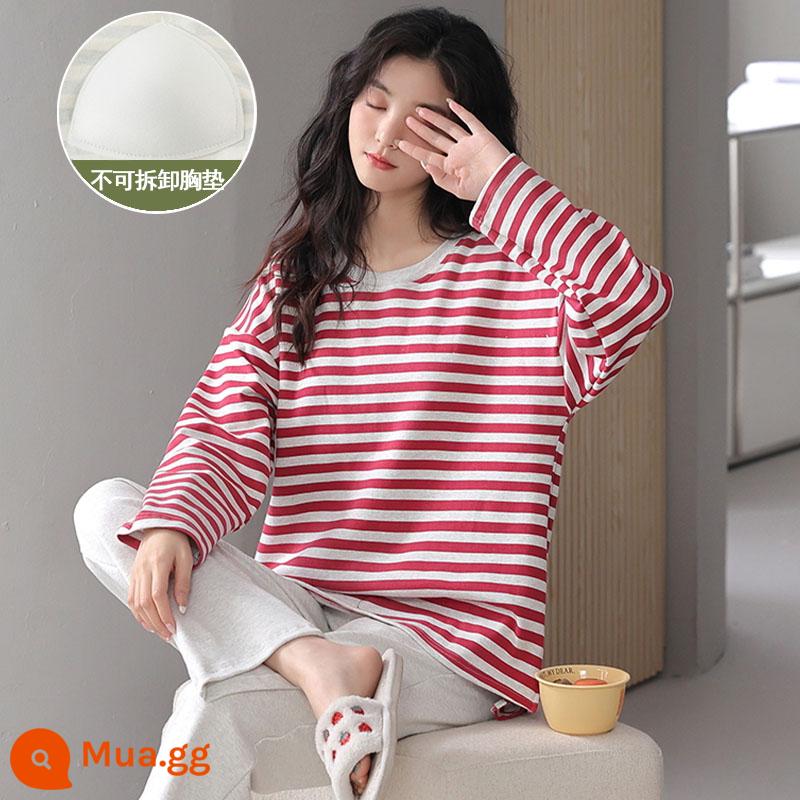 Bộ đồ ngủ nữ mùa xuân, mùa thu và mùa đông cotton nguyên chất dài tay rộng rãi có đệm ngực có thể mặc ra ngoài trong bộ đồ phục vụ tại nhà mùa đông - 6937[Đệm ngực không thể tháo rời]