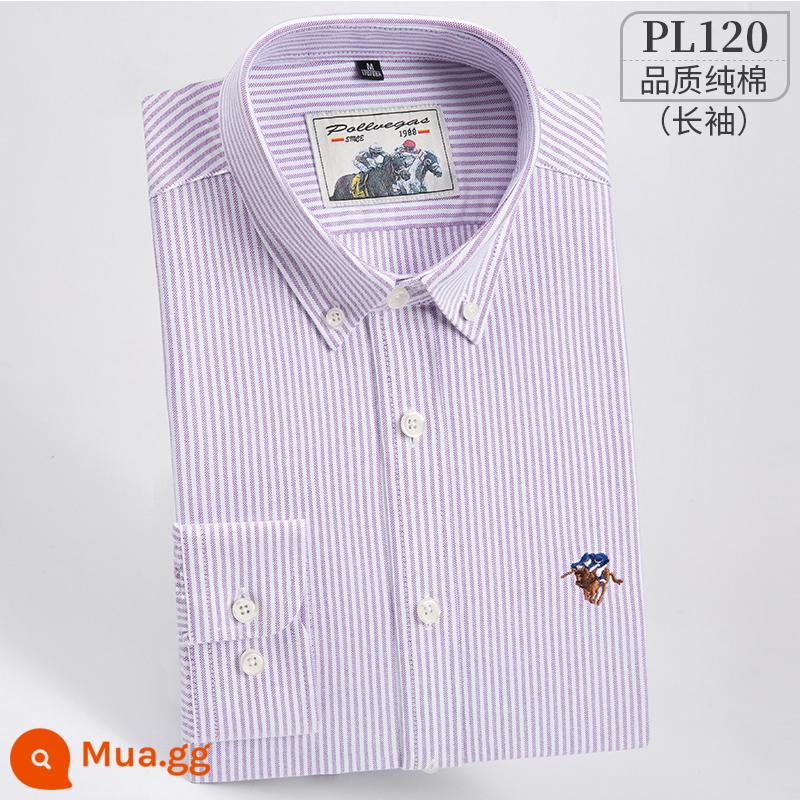 Ralph Lauren Polo Áo sơ mi mùa xuân, mùa thu, áo khoác cotton dài tay nam, áo khoác Oxford kiểu dáng doanh nhân, áo sơ mi sọc cotton không sắt - PL120-dải đỏ tím