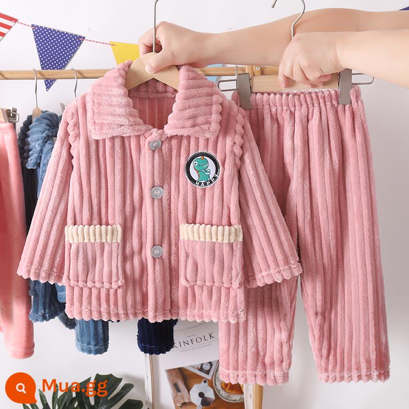 Bộ đồ ngủ trẻ em mùa thu đông flannel bé trai bé trai lớn trẻ em dày san hô nỉ bé gái nhà quần áo - Hồng