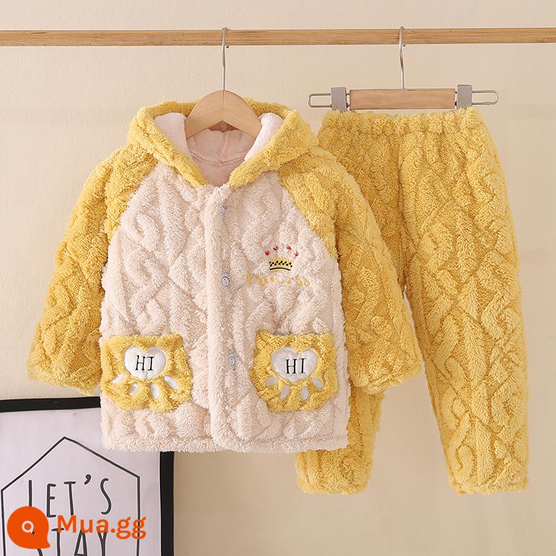 Bộ đồ ngủ trẻ em flannel dày mùa đông bé trai và bé gái ba lớp chần bông vừa và lớn trẻ em bộ đồ nỉ san hô - vàng nhạt