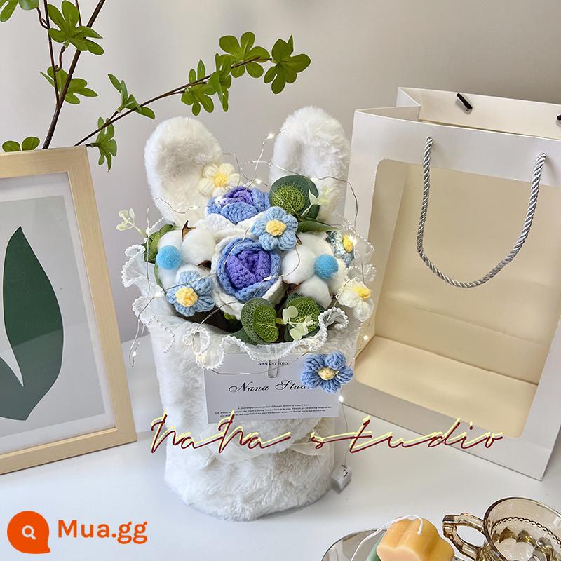 Tự chế dệt bó hoa handmade Quà Tết len đan hoa khô thành phẩm hướng dương vĩnh cửu hoa sinh nhật bestie - Bó hoa tai thỏ bông hồng xanh phối thành phẩm: 33*18CM