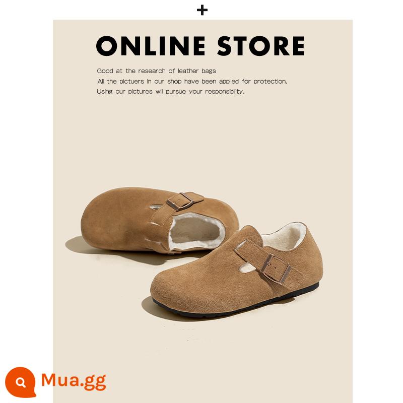 Giày Birkenstock da thật toàn bộ của Nemo dành cho nữ đế dày đế bằng nút chai Sanxi cùng phong cách thu đông cộng với giày Birkenstock nhung và dép nửa dép - Mô hình trọn gói màu Maroon cộng với nhung