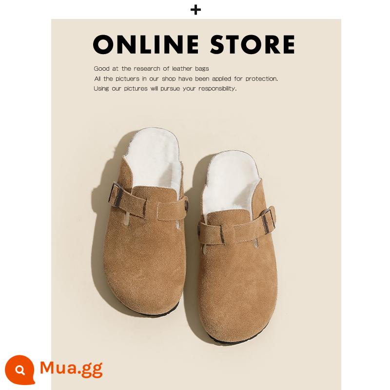 Giày Birkenstock da thật toàn bộ của Nemo dành cho nữ đế dày đế bằng nút chai Sanxi cùng phong cách thu đông cộng với giày Birkenstock nhung và dép nửa dép - Phong cách bán kéo màu hạt dẻ cộng với nhung