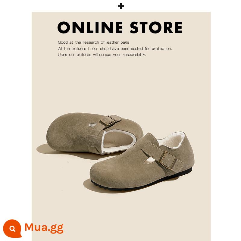 Giày Birkenstock da thật toàn bộ của Nemo dành cho nữ đế dày đế bằng nút chai Sanxi cùng phong cách thu đông cộng với giày Birkenstock nhung và dép nửa dép - Mô hình trọn gói kaki tối cộng với nhung