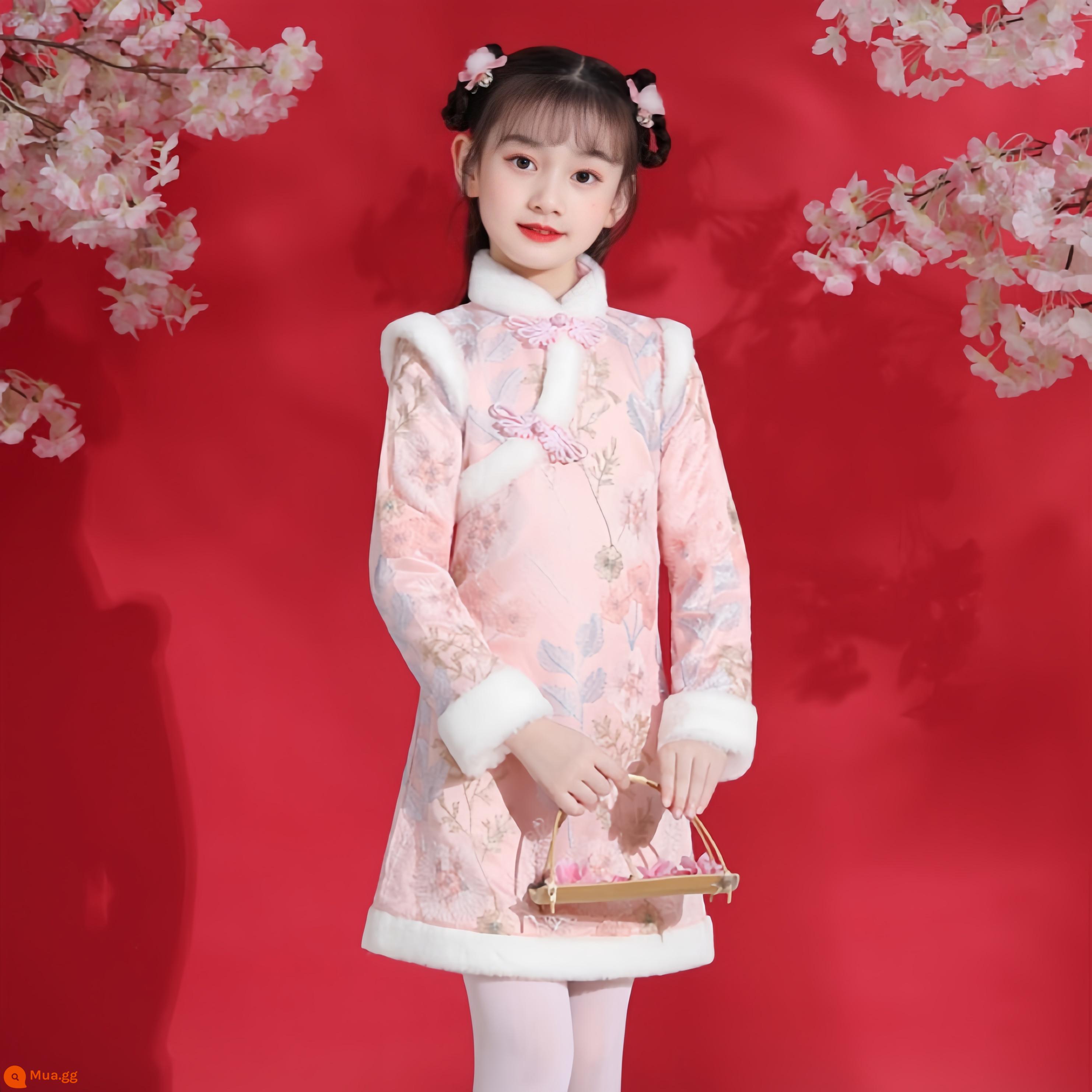 Váy sườn xám trẻ em Hanfu quần áo mùa đông chúc mừng năm mới cô bé Tang phù hợp với phong cách Trung Quốc váy mùa đông - .Bột độn (thêu hoa)