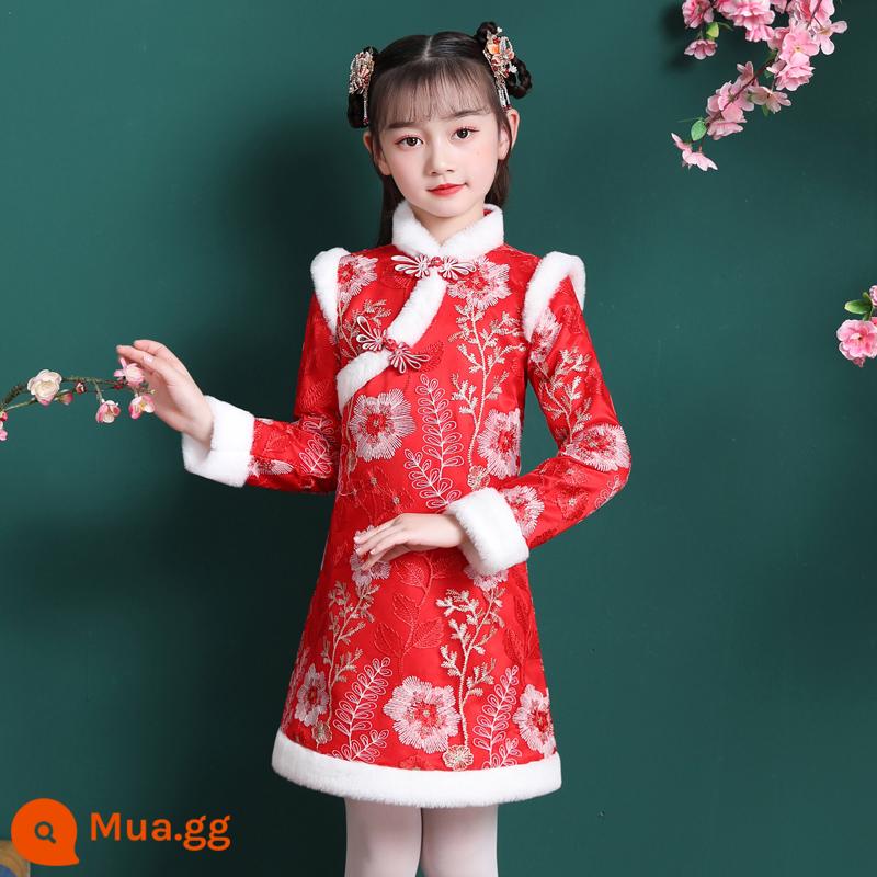 Váy sườn xám trẻ em Hanfu quần áo mùa đông chúc mừng năm mới cô bé Tang phù hợp với phong cách Trung Quốc váy mùa đông - .Thêm màu đỏ nhung (thêu hoa)