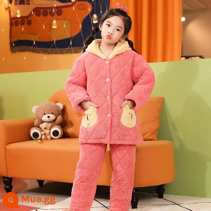 Boy Children Pyjamas Mùa đông dày lên và Velvet Girls Big Children Three -layer Cotton Small Baby Baby Frankee - Bột dưa hấu mở rộng kiểu gấu