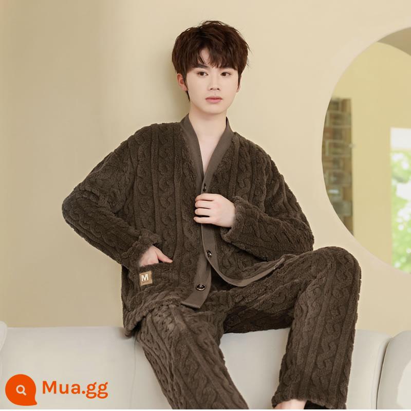 Mẫu mùa thu và mùa thu nam mới của Pyjama dày lên và Velvet Long -sleeved Coral Velvet Velvet Hoàng - y02-R9103 Cổ chữ V xoắn màu nâu