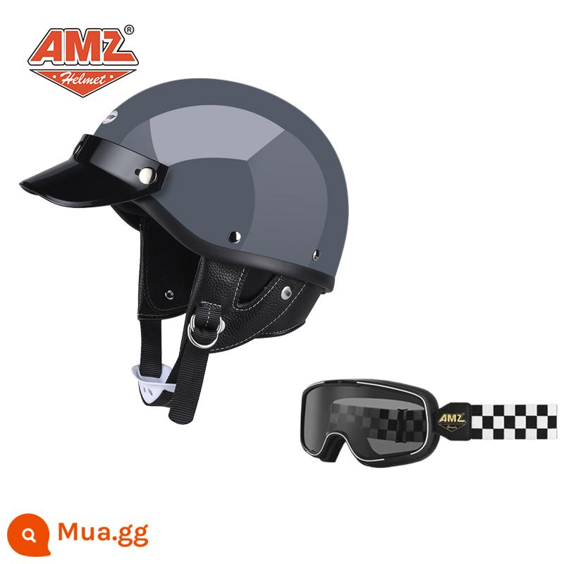 AMZ Nhật Bản Retro Xe Máy Nữ Mũ Bảo Hiểm Nhỏ Harley Sợi Thủy Tinh Xe Máy Mũ Bảo Hiểm Nửa Xe Điện Nam Muỗng Mũ Bảo Hiểm - Xi măng xám + kính lưới đen trắng (Phiên bản 3C SF Express miễn phí vận chuyển)