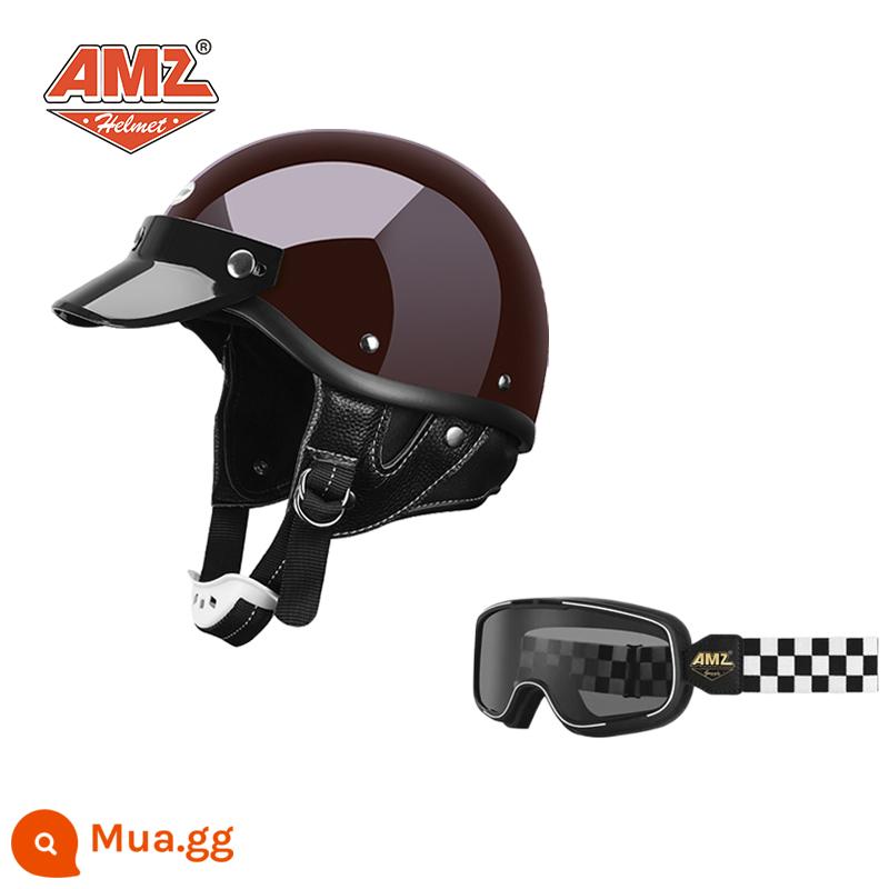 AMZ Nhật Bản Retro Xe Máy Nữ Mũ Bảo Hiểm Nhỏ Harley Sợi Thủy Tinh Xe Máy Mũ Bảo Hiểm Nửa Xe Điện Nam Muỗng Mũ Bảo Hiểm - Kính bảo hộ ca rô màu đỏ + đen trắng cổ điển (SF Express miễn phí vận chuyển thân mũ bảo hiểm nhỏ không phải 3C)