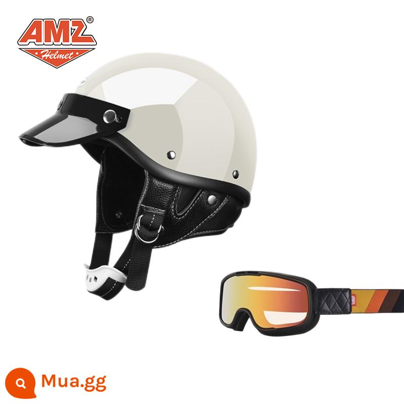 AMZ Nhật Bản Retro Xe Máy Nữ Mũ Bảo Hiểm Nhỏ Harley Sợi Thủy Tinh Xe Máy Mũ Bảo Hiểm Nửa Xe Điện Nam Muỗng Mũ Bảo Hiểm - Kính bảo hộ màu gọng trắng + đen bóng (SF Express miễn phí vận chuyển thân mũ bảo hiểm nhỏ không phải 3C)