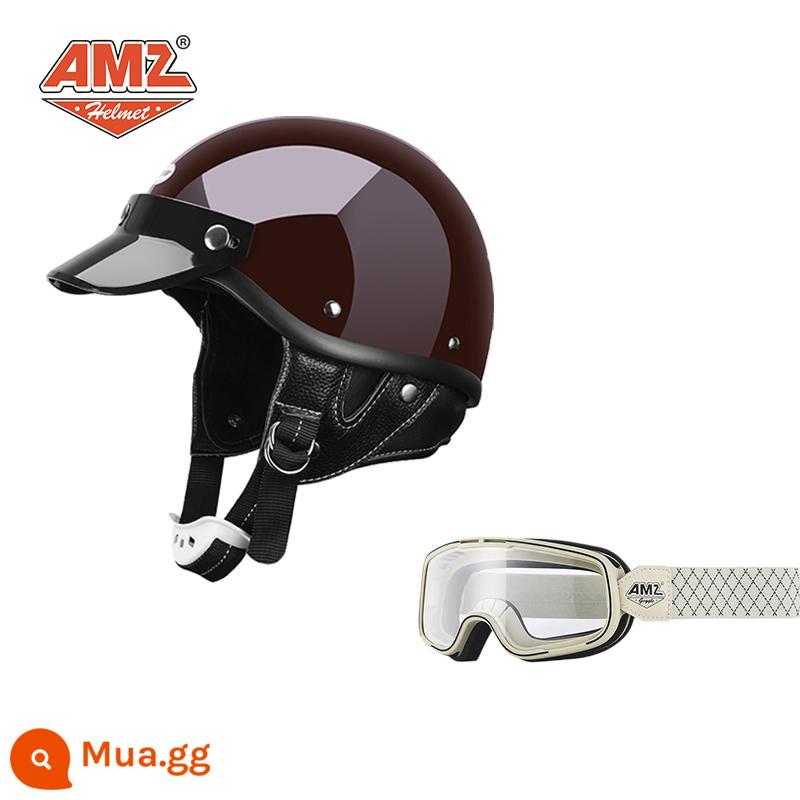 AMZ Nhật Bản Retro Xe Máy Nữ Mũ Bảo Hiểm Nhỏ Harley Sợi Thủy Tinh Xe Máy Mũ Bảo Hiểm Nửa Xe Điện Nam Muỗng Mũ Bảo Hiểm - Kính bảo hộ có gọng màu đỏ + trắng cổ điển và đường trắng (SF Express miễn phí vận chuyển thân mũ bảo hiểm nhỏ không phải 3C)