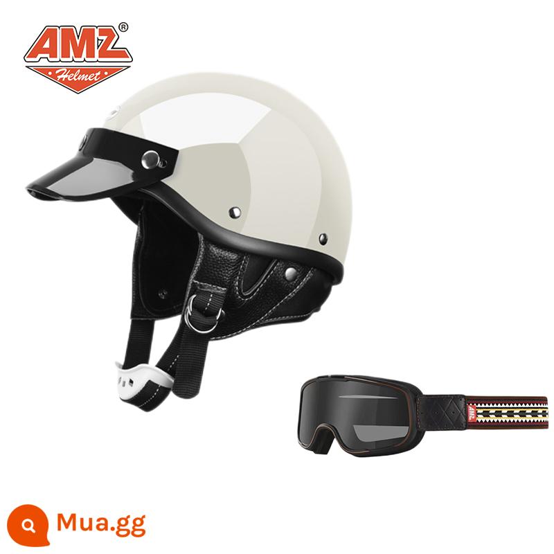 AMZ Nhật Bản Retro Xe Máy Nữ Mũ Bảo Hiểm Nhỏ Harley Sợi Thủy Tinh Xe Máy Mũ Bảo Hiểm Nửa Xe Điện Nam Muỗng Mũ Bảo Hiểm - Màu trắng bóng + kính bảo hộ Ấn Độ (SF Express miễn phí vận chuyển thân mũ bảo hiểm nhỏ non-3C)