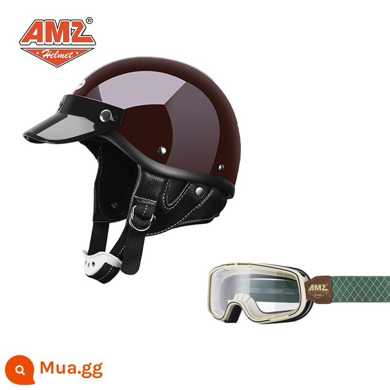 AMZ Nhật Bản Retro Xe Máy Nữ Mũ Bảo Hiểm Nhỏ Harley Sợi Thủy Tinh Xe Máy Mũ Bảo Hiểm Nửa Xe Điện Nam Muỗng Mũ Bảo Hiểm - Kính bảo hộ đường màu xanh lá cây khung màu đỏ + trắng cổ điển (SF Express miễn phí vận chuyển thân mũ bảo hiểm nhỏ không phải 3C)