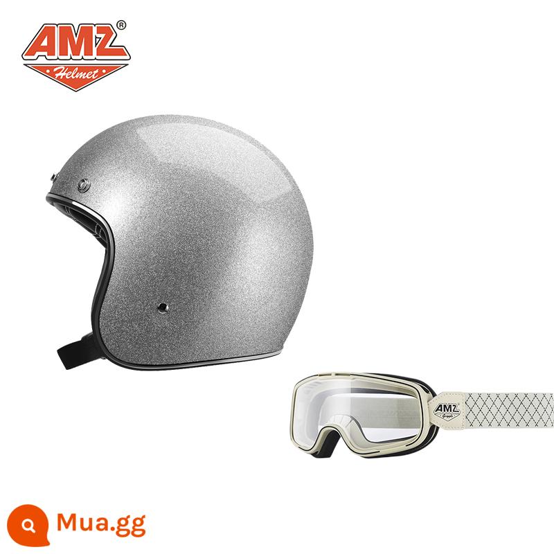 AMZ Retro Đầu Máy Đầu Máy Mũ Bảo Hiểm Nữ Mùa Hè Ba Phần Tư Xe Điện Nam 3C Chứng Nhận Harley Mũ Bảo Hiểm Nửa - Đèn flash bạc + gọng trắng và kính bảo hộ vạch trắng (SF Express miễn phí vận chuyển)