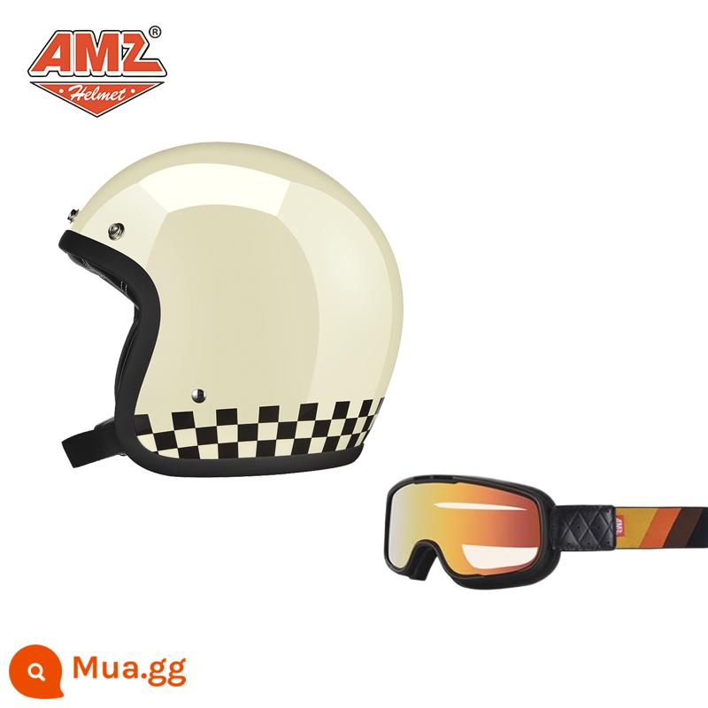 AMZ Retro Đầu Máy Đầu Máy Mũ Bảo Hiểm Nữ Mùa Hè Ba Phần Tư Xe Điện Nam 3C Chứng Nhận Harley Mũ Bảo Hiểm Nửa - Lưới đen trắng trắng sáng + kính màu gọng đen (SF Express miễn phí vận chuyển)