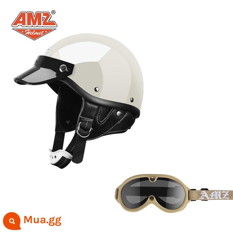 AMZ Nhật Bản Retro Xe Máy Nữ Mũ Bảo Hiểm Nhỏ Harley Sợi Thủy Tinh Xe Máy Mũ Bảo Hiểm Nửa Xe Điện Nam Muỗng Mũ Bảo Hiểm - Kính bảo hộ mới màu trắng bóng + kaki (S.F. miễn phí vận chuyển cho thân mũ bảo hiểm nhỏ, không phải 3C)