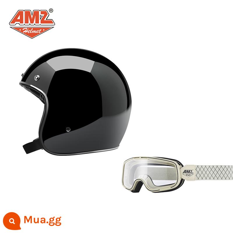 AMZ Retro Đầu Máy Đầu Máy Mũ Bảo Hiểm Nữ Mùa Hè Ba Phần Tư Xe Điện Nam 3C Chứng Nhận Harley Mũ Bảo Hiểm Nửa - Gọng đen + trắng bóng và kính bảo hộ có vạch trắng (SF Express miễn phí vận chuyển)