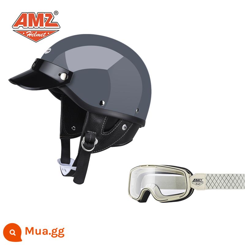 AMZ Nhật Bản Retro Xe Máy Nữ Mũ Bảo Hiểm Nhỏ Harley Sợi Thủy Tinh Xe Máy Mũ Bảo Hiểm Nửa Xe Điện Nam Muỗng Mũ Bảo Hiểm - Xi măng xám + gọng trắng và kính bảo hộ vạch trắng (Phiên bản 3C SF Express miễn phí vận chuyển)