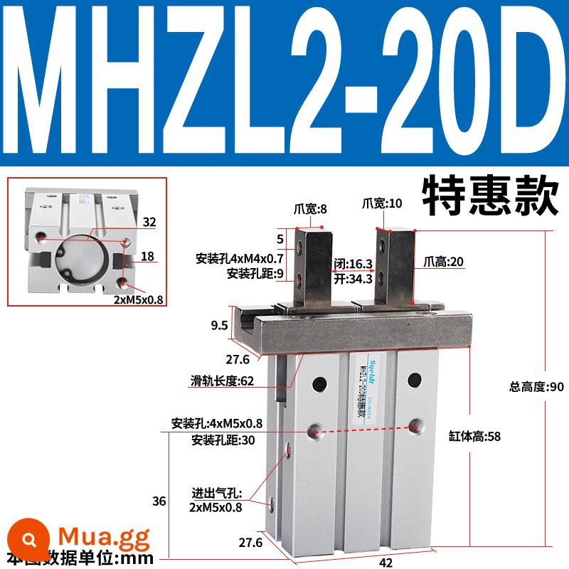 MHZL2 Bộ điều khiển xi lanh ngón tay bằng khí nén Bộ kẹp song song MHZ2/HFZ-10d16D20D25D32D1 - MHZL2-20D giá đặc biệt