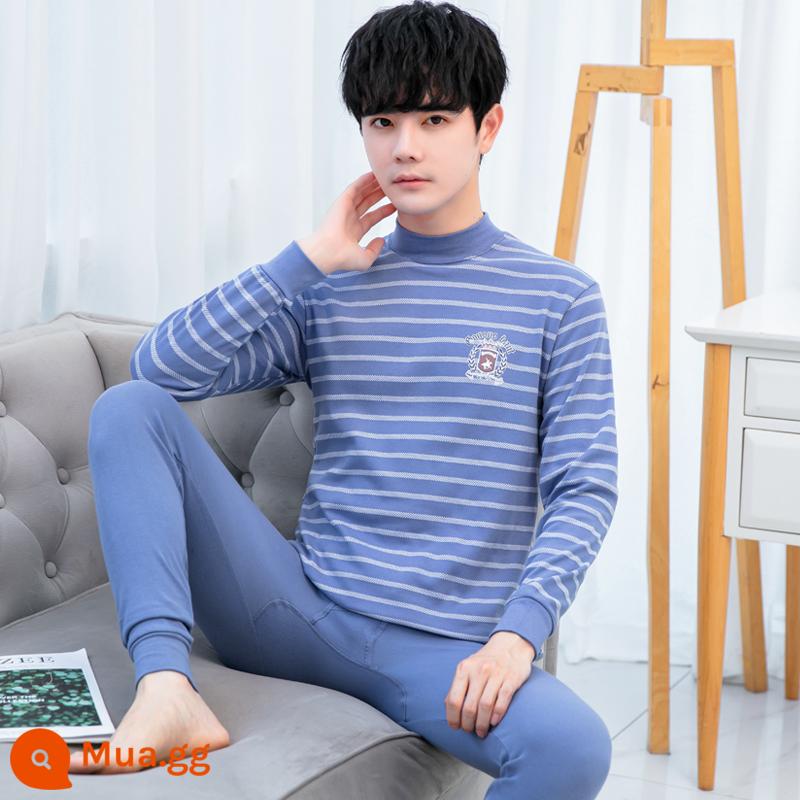 Bộ quần áo thu đông bằng cotton nguyên chất dành cho nam quần lót vệ sinh dành cho học sinh trung học cơ sở và trung học phổ thông cotton ấm áo len cotton mỏng phần - Sọc xanh thông cổ giữa