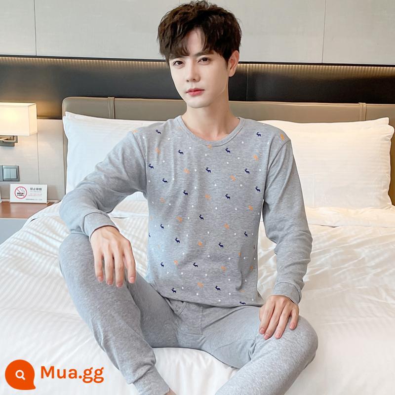 Bộ quần áo thu đông bằng cotton nguyên chất dành cho nam quần lót vệ sinh dành cho học sinh trung học cơ sở và trung học phổ thông cotton ấm áo len cotton mỏng phần - Hươu tuyết xám gai