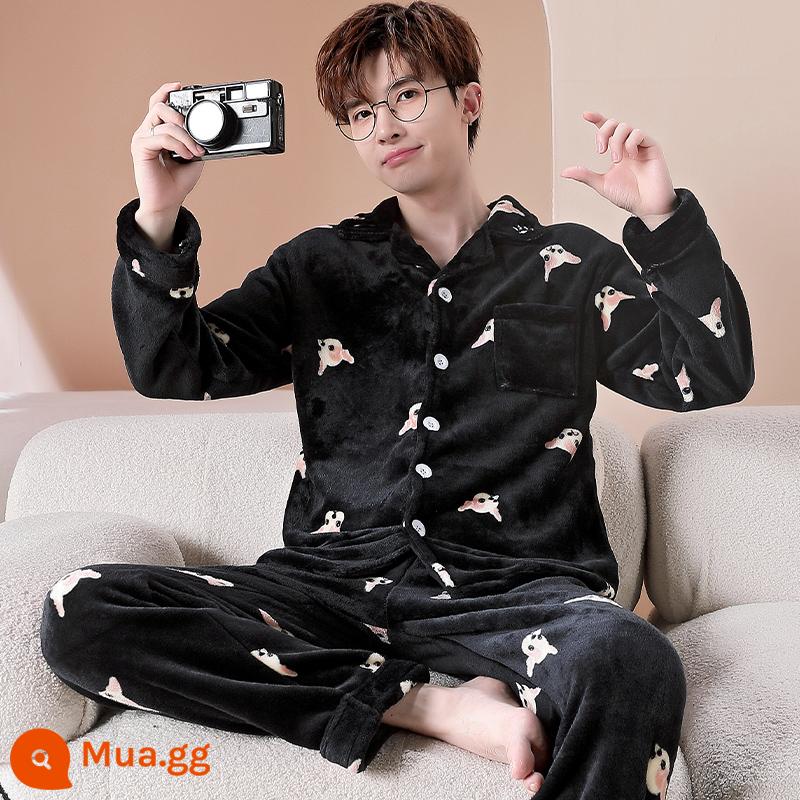 Nam Bộ Đồ Ngủ Thu Đông Nỉ San Hô Dày Plus Nhung XL Hoạt Hình Thanh Niên Dép Nỉ Nhà Quần Áo Mùa Đông - Áo cardigan MZ màu nâu vàng