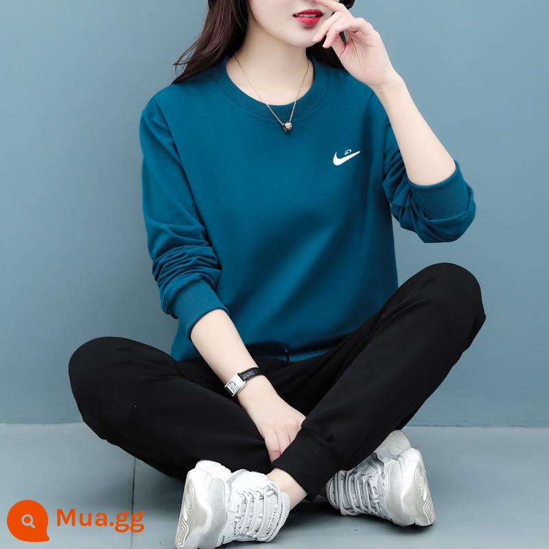 Trang web chính thức chính hãng Bộ đồ thun cotton dày màu xám cho nữ xuân thu 2023 bộ đồ thể thao chạy bộ rộng rãi của mẹ - Màu xanh denim phong cách thông thường