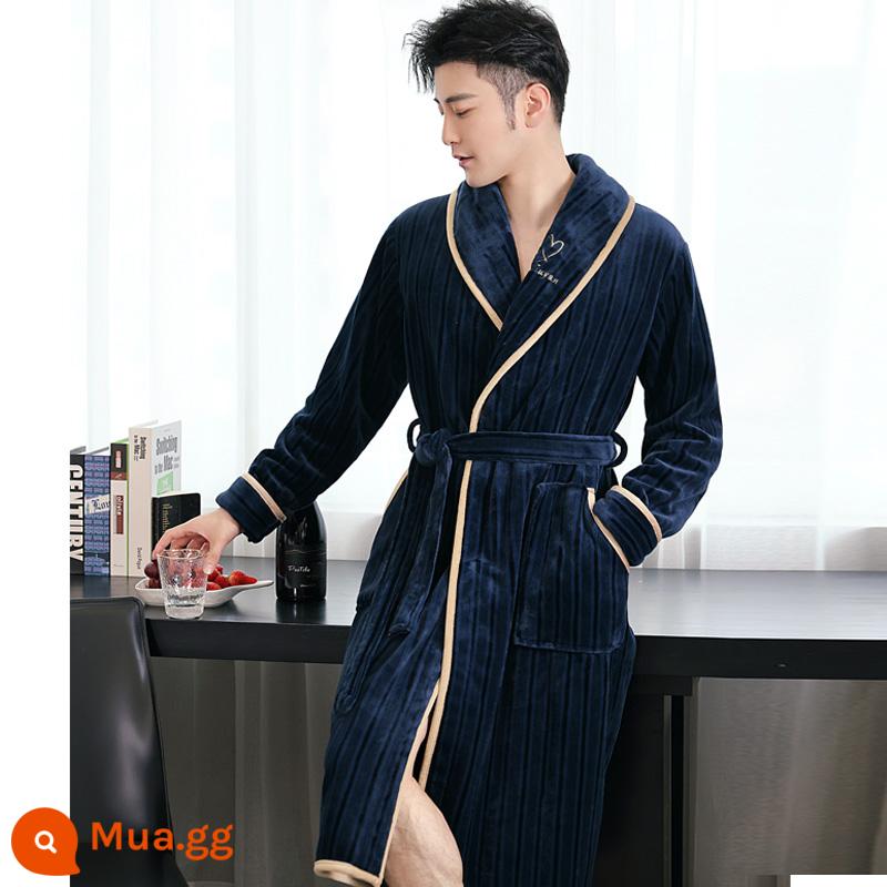 Áo choàng nam của Pyjamas vào mùa thu và mùa đông Phiên bản dài của san hô dày lên cộng với áo choàng tắm nhung mùa đông với quần - Áo choàng nam sọc xanh 218