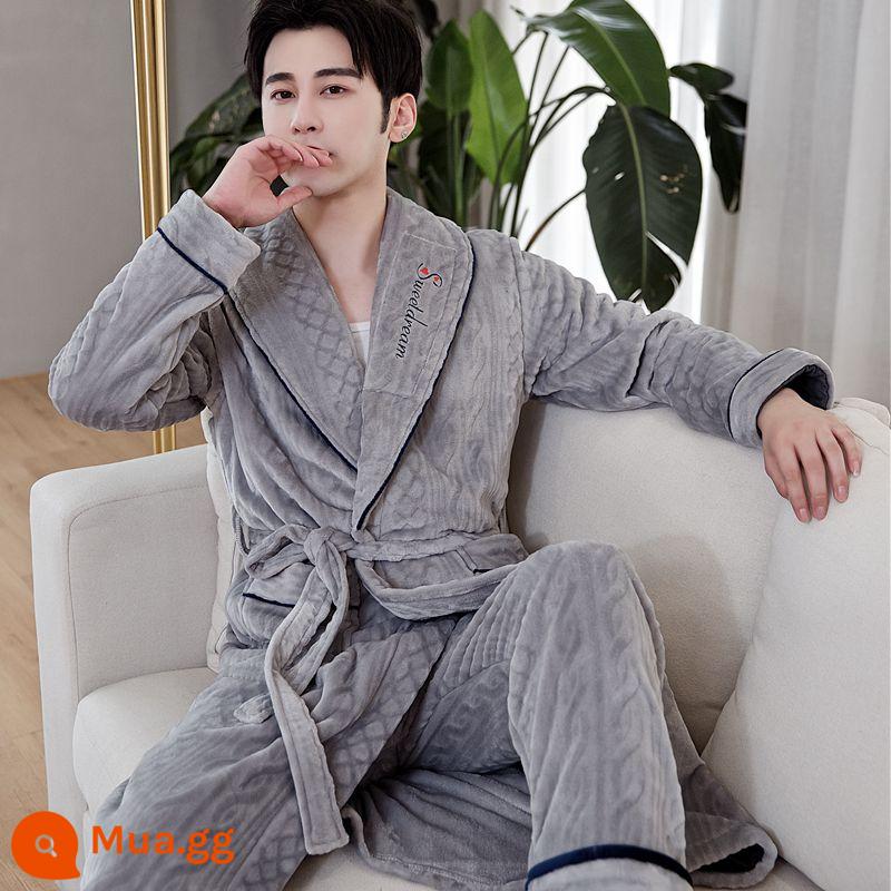 Áo choàng nam của Pyjamas vào mùa thu và mùa đông Phiên bản dài của san hô dày lên cộng với áo choàng tắm nhung mùa đông với quần - Áo choàng + quần nam màu xám xoắn 207