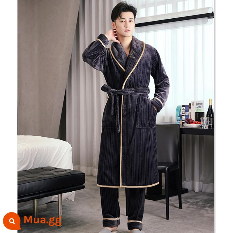 Áo choàng nam của Pyjamas vào mùa thu và mùa đông Phiên bản dài của san hô dày lên cộng với áo choàng tắm nhung mùa đông với quần - Áo choàng + quần nam sọc xám 219