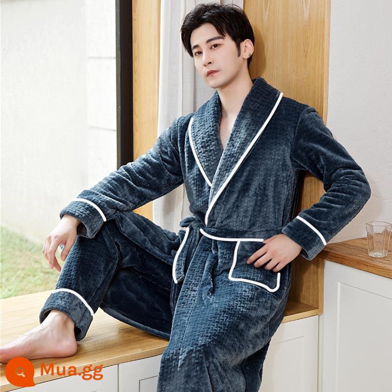 Áo choàng nam của Pyjamas vào mùa thu và mùa đông Phiên bản dài của san hô dày lên cộng với áo choàng tắm nhung mùa đông với quần - Áo choàng + quần nam viền trắng 201 xanh đậm