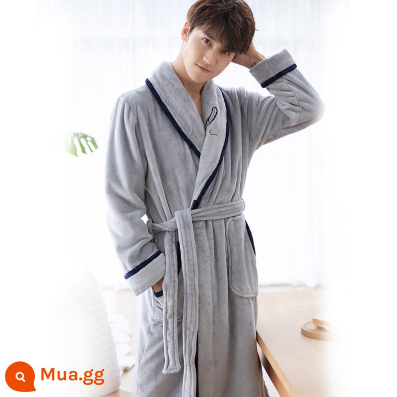 Áo choàng nam của Pyjamas vào mùa thu và mùa đông Phiên bản dài của san hô dày lên cộng với áo choàng tắm nhung mùa đông với quần - Áo choàng nam màu xám bạc lông vũ