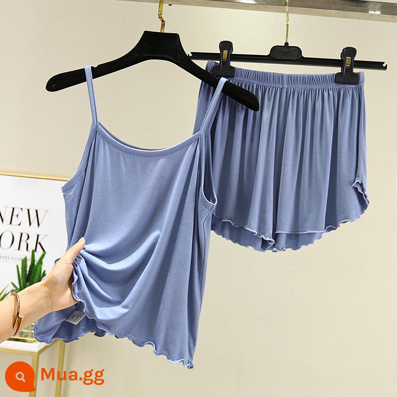 Kích thước lớn 300 catties phương thức treo quần short nữ mùa hè rời bộ đồ ngủ nhà băng lụa áo vest 2 bộ - Màu xanh nhạt